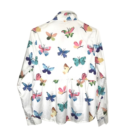 Butterfly Print Button Down Shirt | White Long Sleeve Blouse - Picture 2 of 10